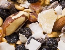 Athlete's Mix - Raisins, dry roasted peanuts, pineapple cubes, brazil nuts, chopped dates, coconut chips, raw cashew pieces, diced papaya, walnuts halves and pieces, and raw almonds.