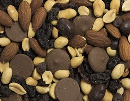 Chocolate Cherry Nut Mix - Roasted salted peanuts, raisins, milk chocolate wafers, raw almonds, cherries, dark chocolate chips, dark chocolate raisins.