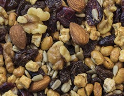 Energy Mix - Raw sunflower seeds, raisins, dried cranberries, dry roasted and salted soynuts, diced apple, raw almonds, walnuts halves and pieces.