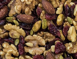 Cranberry Nut & Seed Trail Mix - Cranberries, walnut halves and pieces, roasted salted almonds, roasted salted pumpkin seeds, pecan halves, dry roasted salted pistachios.