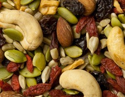 Goji Power Trail Mix - Raisins, hulled sunflower seeds, pumpkin seeds, cashews dry roasted & salted, almonds dry roasted & salted, diced apples, dried goji berries. 