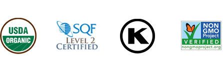 USDA Organic, SQF Level 2 Certified, Kosher, Non-gmo Project Verified Logos
